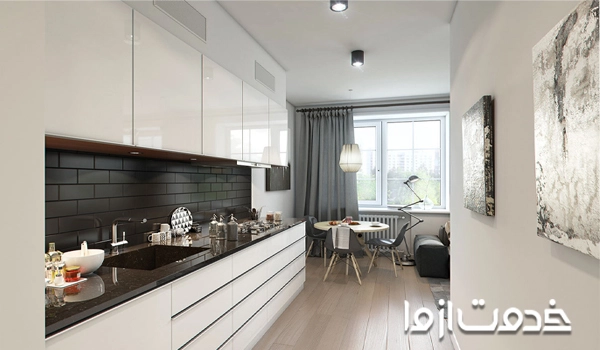 کابینت‌های بدون دستگیره و مینیمال برای بزرگ نشدن فضای خانه 40 متری